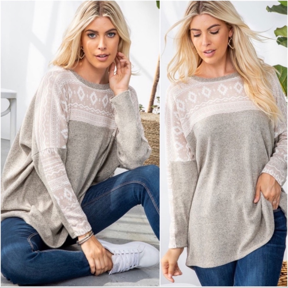 Cozy Patterned Knit Pullover Top - Taupe/White